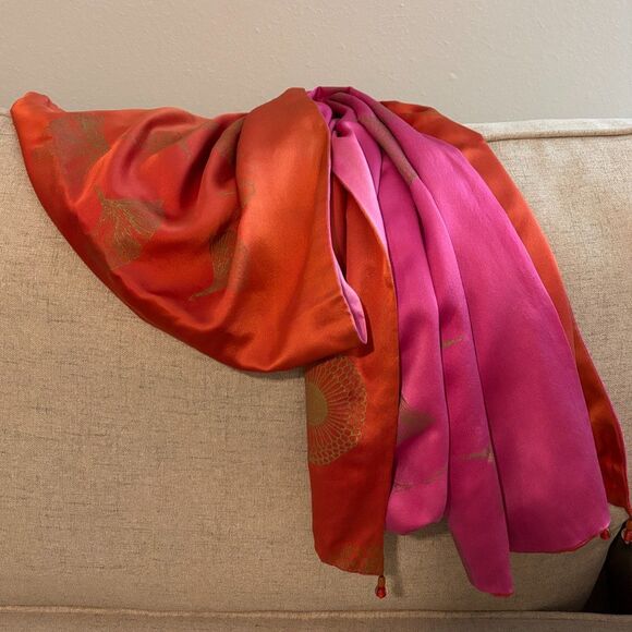 Accessories - Reversable Pink Orange Ginko Silk Scarf  Wrap 20" x 72"with Bead Edge